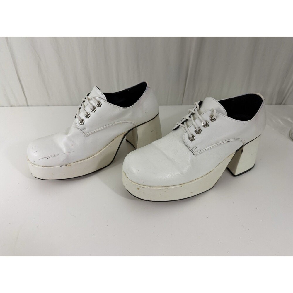 White Patent Men Platform Shoes Dance Party Sz 10-11 Chunky Retro ‘70s Fashion